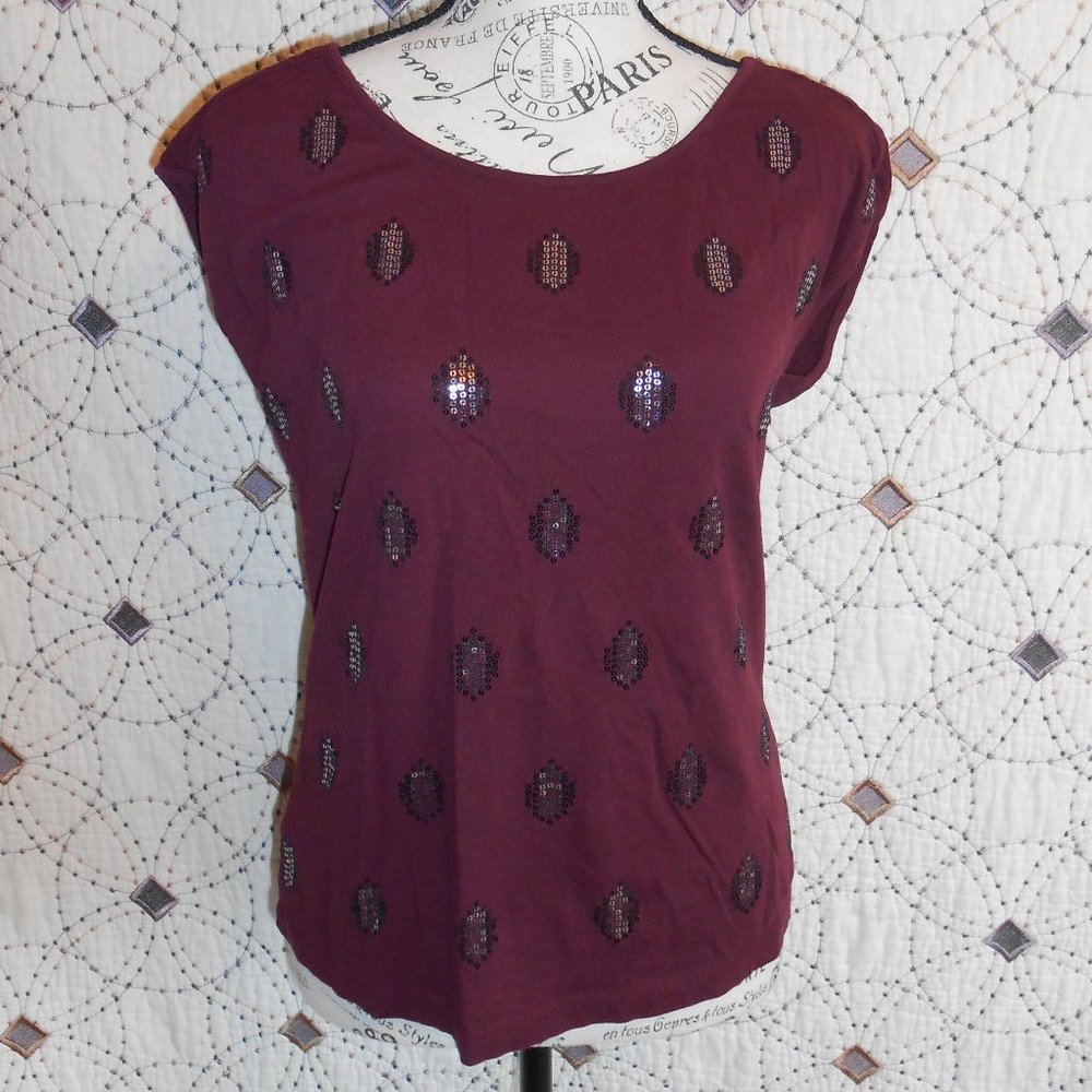 3/$10 EUC LOFT Burgundy Sequin Blouse S